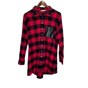 Soft Surroundings Red Black Buffalo Plaid Faux Leather Pocket Button Up Size L